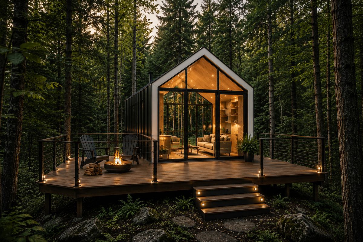 Eclipse Ridge — the stay glowing within deep forest, fire pit and chairs on the suspended deck