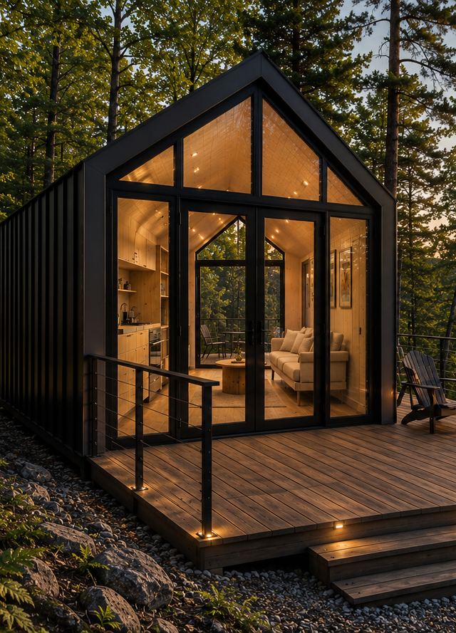 Clair's Peak — a glass-gabled stay on a suspended deck above the valley as the sun sets on the ridge
