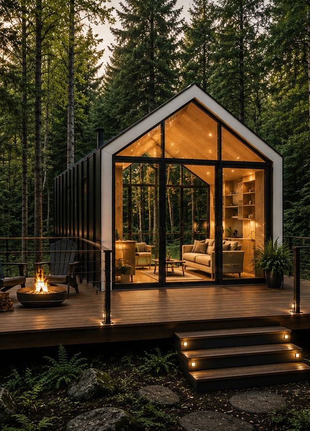 Eclipse Ridge — a glass-gabled stay lit warm within deep evergreen forest, deck lights glowing
