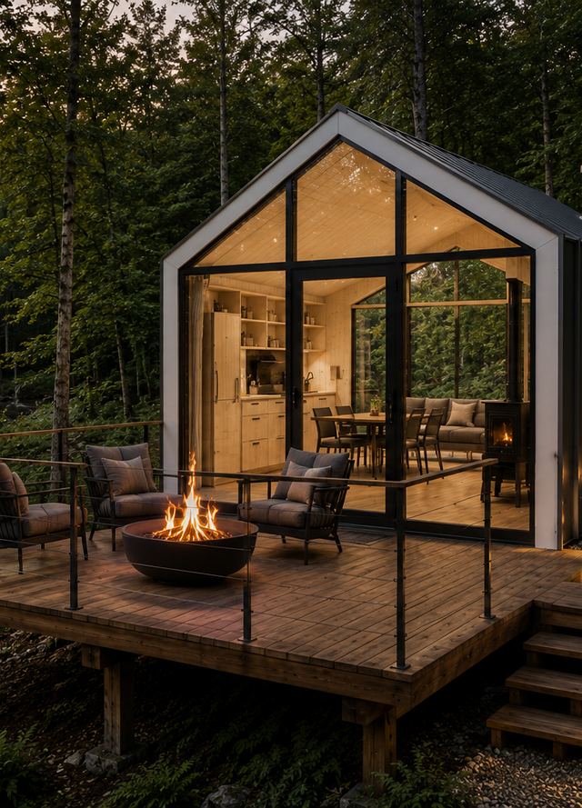 White Path — a glass-gabled stay glowing at dusk beside the creek, fire pit lit on the suspended deck
