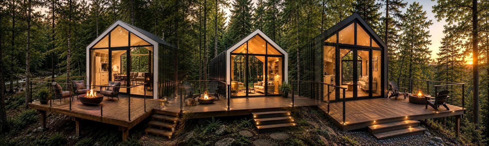 One continuous dusk panorama of the mountain — White Path by the creek, Eclipse Ridge deep in the forest, Clair's Peak against the sunset, three glass walls glowing
