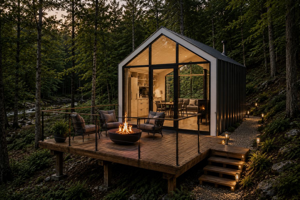 White Path — the glass curtain wall open to a warm interior beside the creek, a lantern-lit path leading in